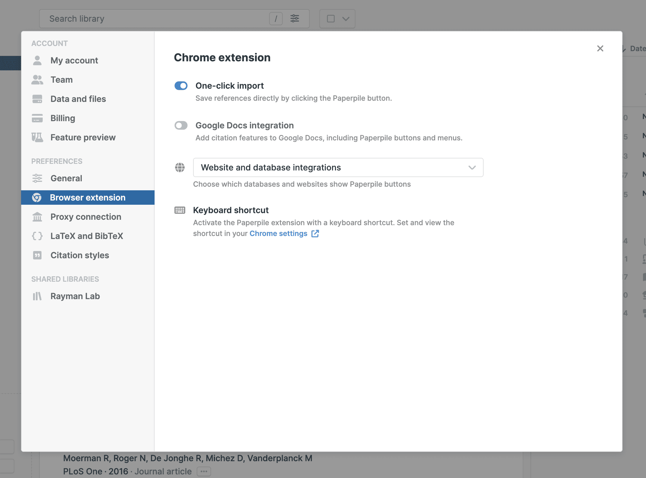 Settings › Browser extension with “One-click import” switched on and “Google Docs integration” switched off, above the website and database integrations selector and a keyboard shortcut section.